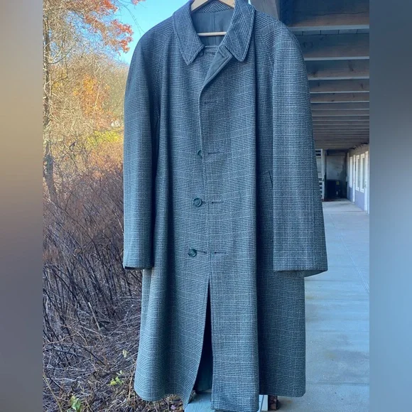 Vintage 50s Gieves Ltd Savile Row Bespoke Reversible Check Tweed Overcoat 42 L